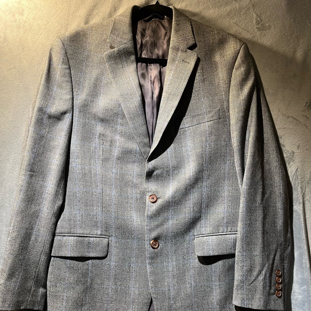 Lauren Ralph Lauren Light Gray Windowpane Plaid Sport Coat Sz 40R 100% Wool Blaz